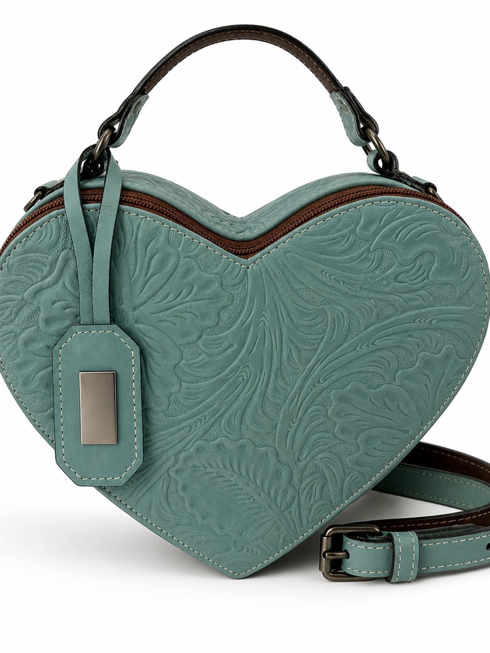 Piel Fina Valentina Heart Crossbody Embossed Leather Teal Boho Western
